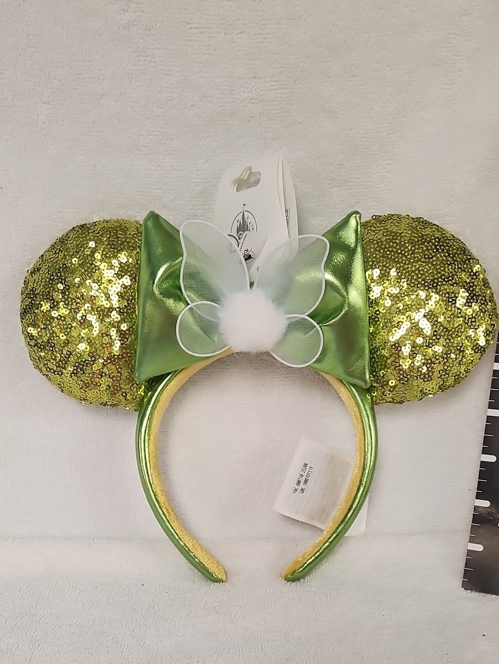 Disney Lime Green Sequin Tinkerbell Minnie Ear Headband with Bow and Tulle Pom